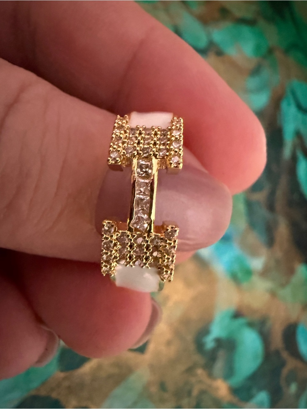“H” Gold-tone Pave Crystal Adjustable Ring with white enamel ~ Adjustable